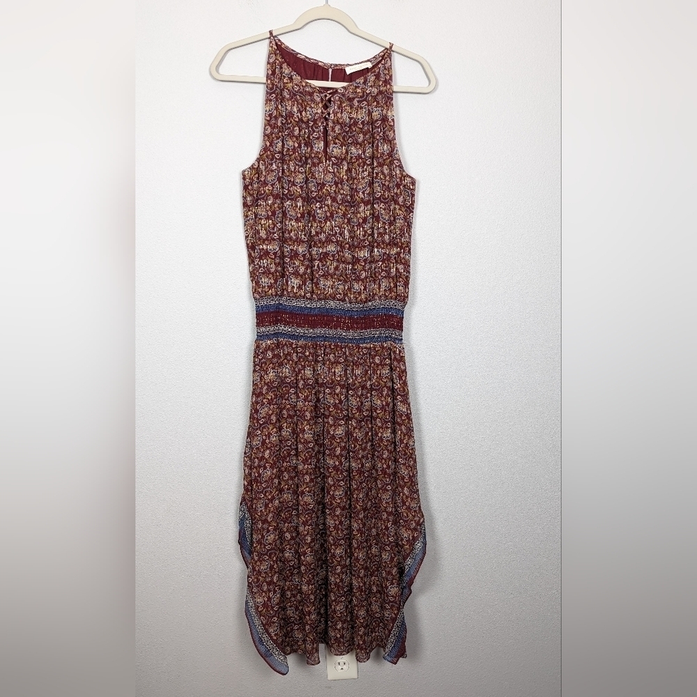 Ramy Brook Maren Silk Print Smocked Midi Floral LG Burgundy